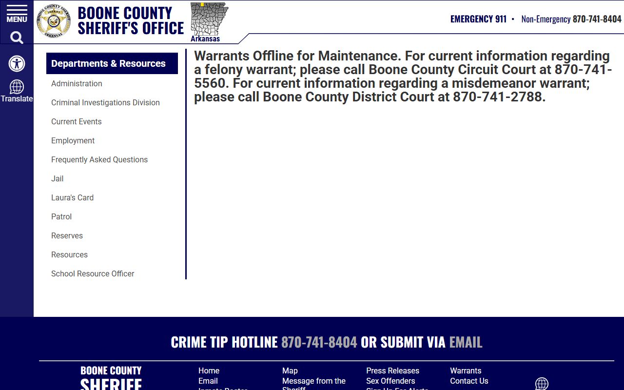 Boone County warrant records  -  online warrant search page
