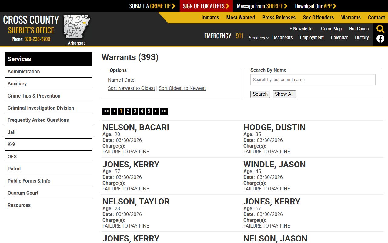 Cross County warrant records search page with active list