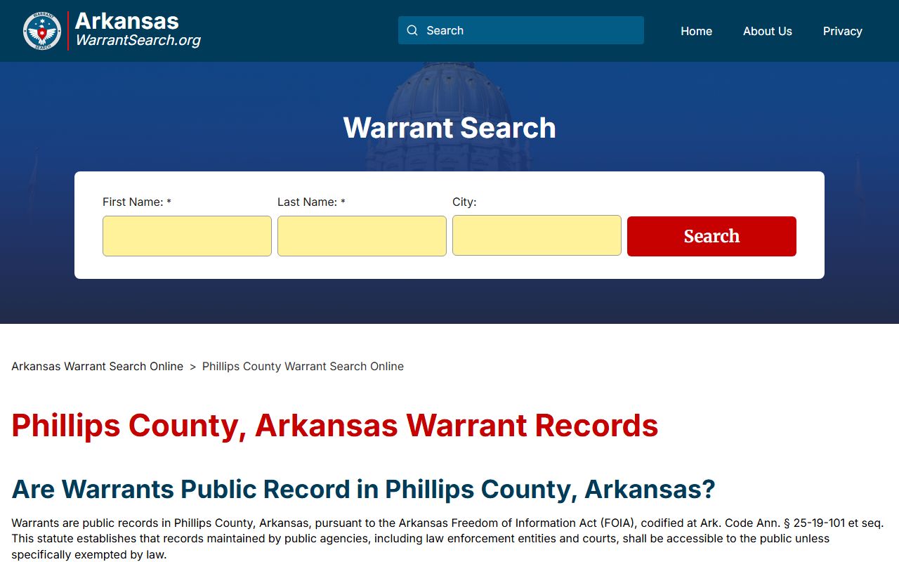 Phillips County warrant search info page for Arkansas warrant records