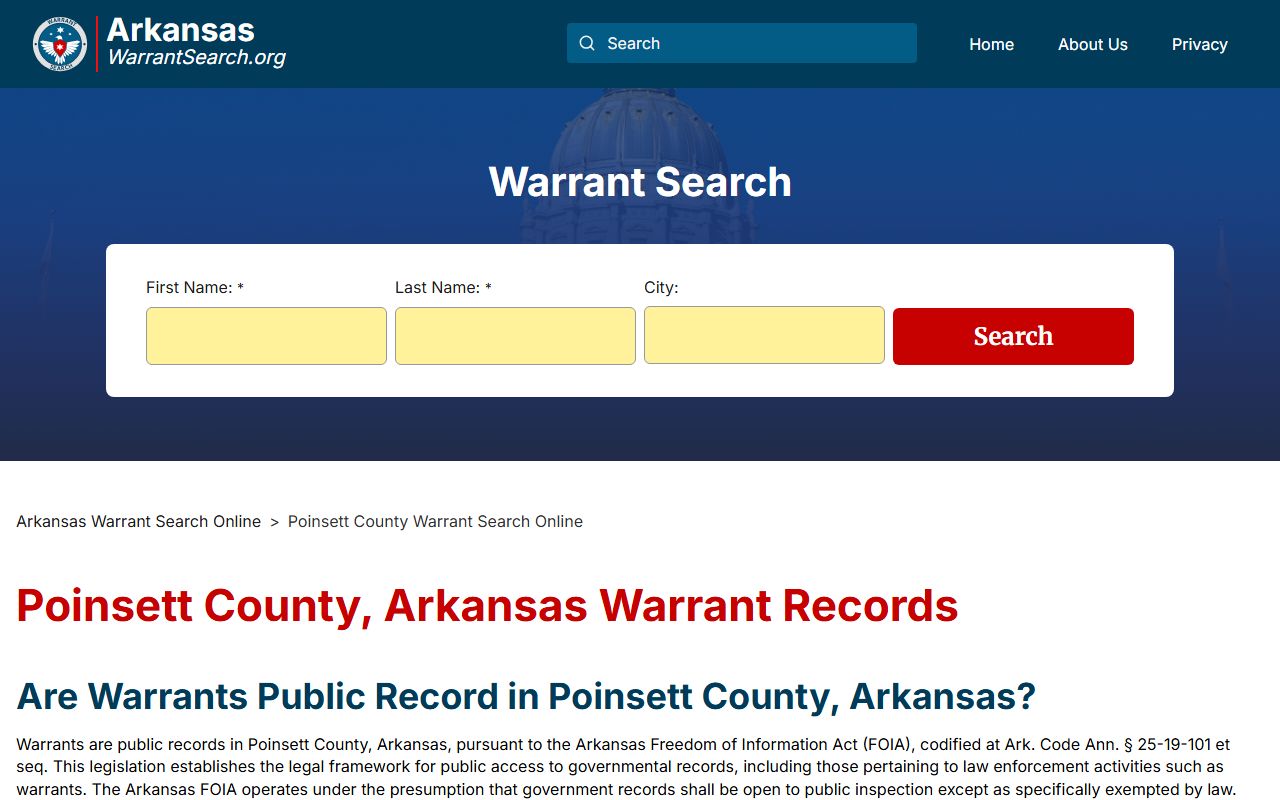 Poinsett County warrant search info page for Arkansas warrant records