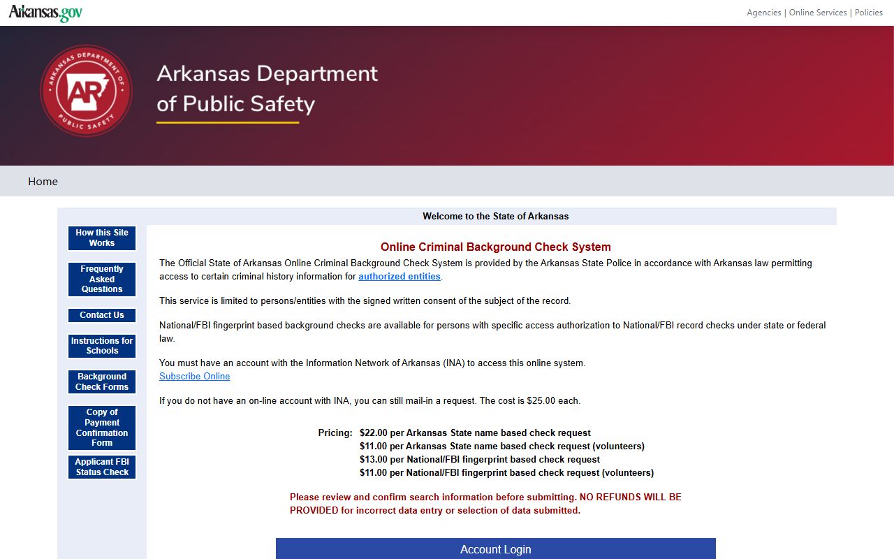 Arkansas State Police background check system for warrant records